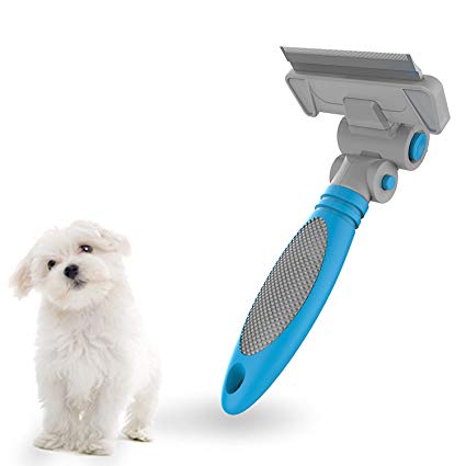 Pet Grooming Tool - ColPet Dematting Comb and Grooming Rake with Dual Sided, Adjustable Angle, Silicon Handle Safely and Easily Removes Matted Tangles and Flying Hair for Cats & Dogs, Light Blue