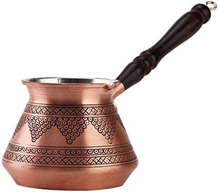 CopperBull Thickest Solid Hammered Copper Turkish Greek Arabic Coffee Pot Stovetop Coffee Maker Cezve Ibrik Briki with Wooden Handle (Matte Copper - Stamped)