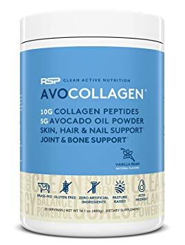 RSP AvoCollagen - Collagen Peptides Protein Powder   Avocado Oil, Grass Fed, Pasture Raised Collagen Protein with Heart Healthy Fats, Keto Friendly, Gluten Free, 20 Servings (Vanilla)