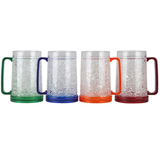 Lily's Home Double Wall Gel Freezer Mug - Set of 4 - Red, Orange, Blue, Green. 16 oz each