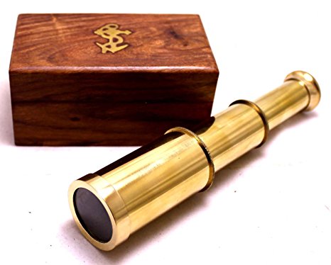 Captains 6" Brass Handheld Mini Telescope with Wooden Box Nautical Collectibles
