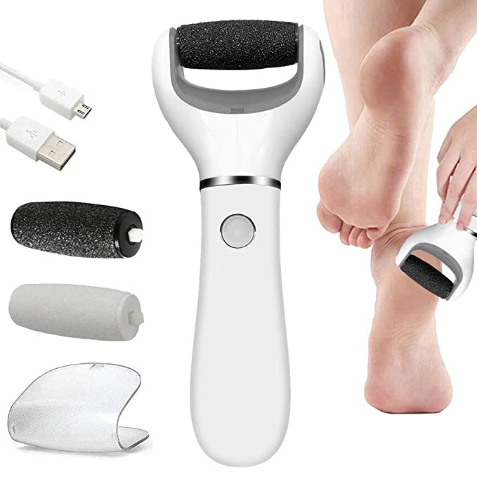 BOMPOW Electric Foot Scrubber Foot File Hard Skin Remover Pedicure Tools Electronic Callus kit for Cracked Heels and Dead Skin with 2 Roller Heads, White