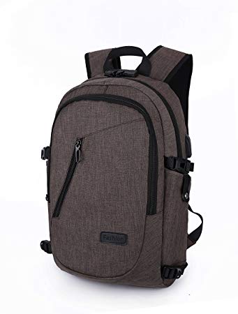 AmazingBag Business Water Resistant Polyester Laptop Backpack with USB Charging Port and Lock Fits Under 15.6-Inch Laptop and Notebook (Brown)