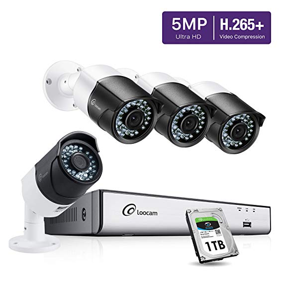 Loocam H.265  5MP 2K Security Camera System, 8 Channel SHD DVR with 1TB HDD and 4 x 5.0MP Outdoor Indoor Surveillance CCTV Bullet Camera, IP67 Weatherproof, 150ft EXIR Night Vision, Motion Detection