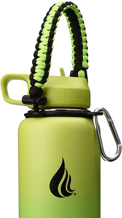 HYDRO CELL Wide Mouth Paracord Handle - Strap Carrier with Safety Ring and Carabiner. Compatible with 14, 18, 24, 32, 40, and 64 oz Stainless Steel Water Bottles