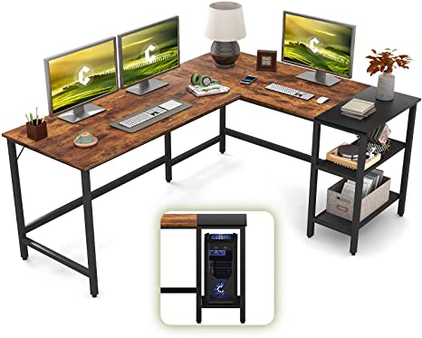 CubiCubi L-Shaped Computer Desk, Industrial Office Corner Desk Writing Study Table with Storage Shelves, Space-Saving, Rustic Brown