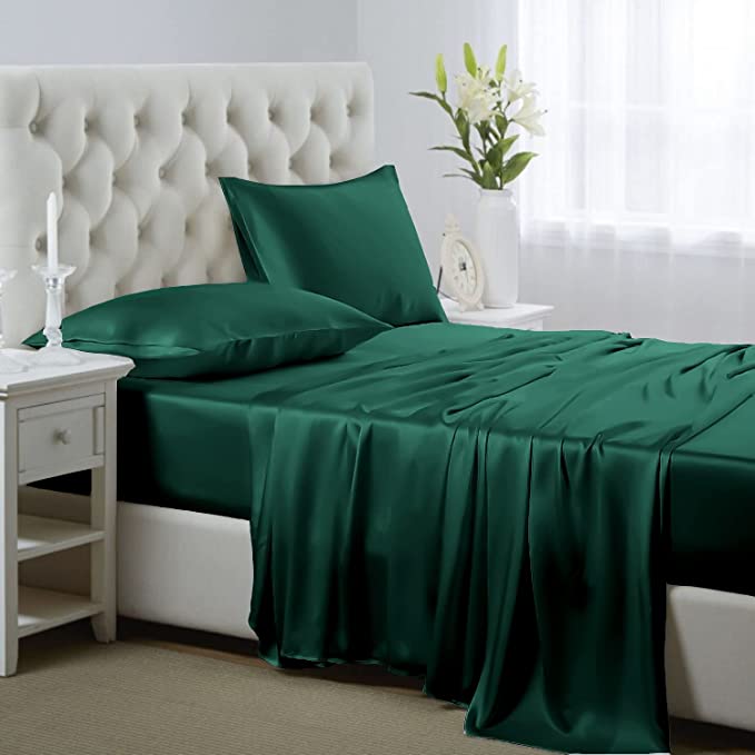 Lanest Housing Silk Satin Sheets, 4-Piece Queen Size Satin Bed Sheet Set with Deep Pockets, Cooling Soft and Hypoallergenic Satin Sheets Queen - Dark Green