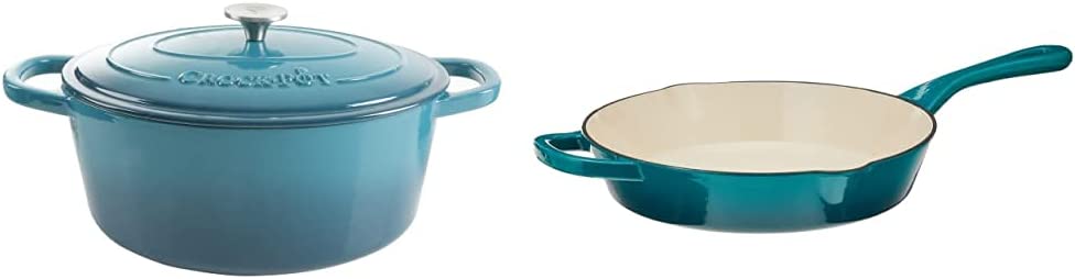 Crock-Pot Artisan Oval Enameled Cast Iron Dutch Oven, 7-Quart, Teal Ombre & Crock Pot Artisan 10 Inch Enameled Cast Iron Round Skillet, Teal Ombre