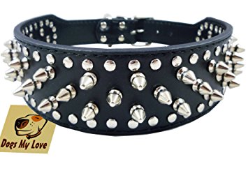19"-22" Black Faux Leather Spiked Studded Dog Collar 2" Wide, 37 Spikes 60 Studs, Pitbull, Boxer