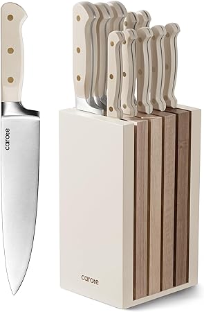 CAROTE 11PCS Knife Set with Block for kitchen, Stainless Steel Razor-Sharp Blade, Triple Riveted Ergonomic Handle,Essential Knife Set, Beige