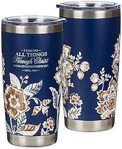 Christian Art Gifts Stainless Steel Scripture Tumbler Travel Mug for Women: All Things Through Christ Inspirational Bible Verse, Double-wall Vacuum Insulated w/Lid Hot/Cold, Navy Blue Floral, 18oz.