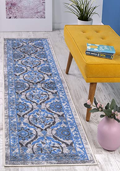 Antep Rugs Casa Azul Collection Geometric Floral Non-Skid (Non-Slip) Low Profile Pile Rubber Backing Indoor Area Runner Rug (Blue/Grey, 1'10" x 7')