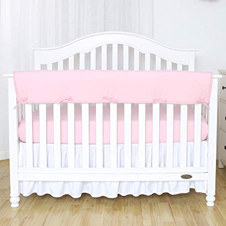 TILLYOU 1-Pack Padded Baby Crib Rail Cover Protector Safe Teething Guard Wrap for Long Front Crib Rails(Measuring Up to 18" Around), 100% Silky Soft Microfiber Polyester, Reversible, Lt Pink/White