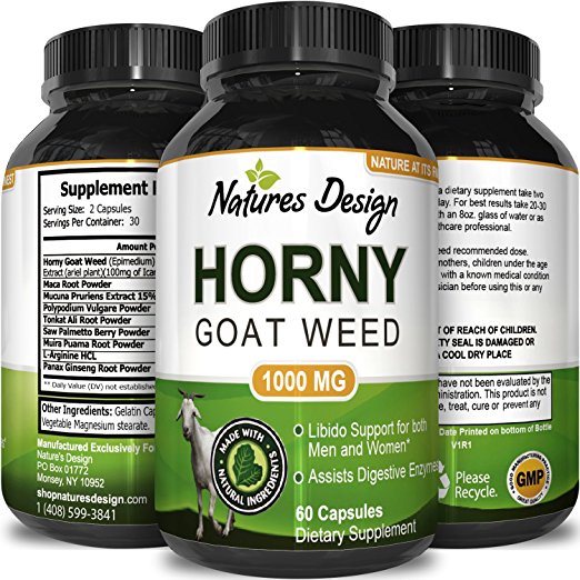 Natural Horny Goat Weed Extract For Men & Women - Herbal Complex Blend Supplement - Ginseng, 100% Maca Root and Tongkat Ali Powder - 60 1000mg Potent Capsules - Energy, Stamina, Performance and Desire - USA Made by Natures Design