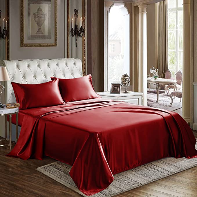 CozyLux Satin Sheets King Size 4-Pieces Silky Sheets Microfiber Burgundy Red Bed Sheet Set with 1 Deep Pocket Fitted Sheet, 1 Flat Sheet and 2 Pillowcases, Smooth and Soft