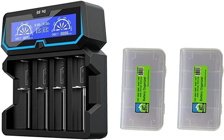 New XTAR X4 LCD Fast Charging Smart 4 Slot Battery Charger Bundle with 2 x KC Outdoors Battery Box