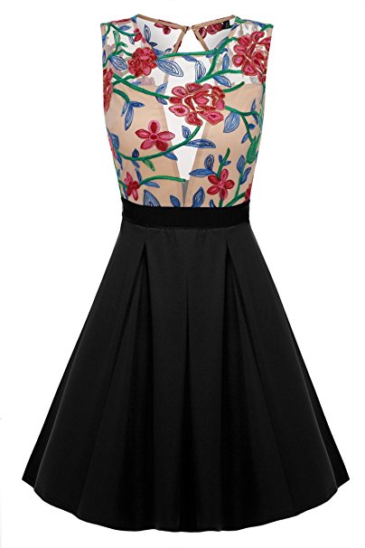 ACEVOG Women Floral Mini Skater Dress See-Through Party Evening Cocktail Dress