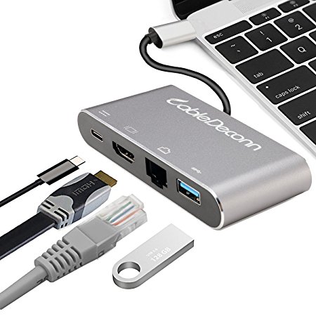 CableDeconn Thunderbolt 3 USB Type-c hub HDMI Gigabit Ethernet RJ45 USB3.0 USB C Charging 4in1 Adapter Cable Converter for 2017 Macbook Pro Dell XPS (Gray)
