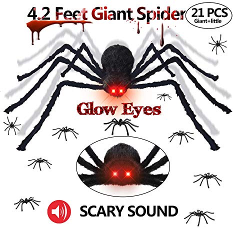 Gamegie Halloween Decorations Outdoor Giant Spider,50'' Fake Spiders That Look Real with Glowing Eyes and Scary Sound, Quake Scary Halloween Props Including 20 pcs Plastic Spider