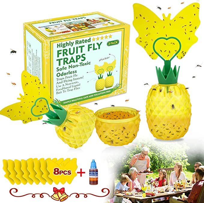 Fruit Fly Trap with Sticker, Yellow Sticky Gnat Killer Double Side Fruit Fly Traps, Fruit Fly Killer, Non-Toxic Fly Catcher Gnats Trap Comes with 1 Fruit Fly Attractants for Home/Dining Room (2 Pack)