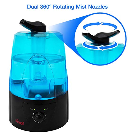 Rosewill Ultrasonic Cool Mist Humidifier for Bedroom Filter Free with No Noise Adjustable Dual Nozzle Mist Outlet 5 Liter / 1.3 Gallon, Black, RHHD-14002