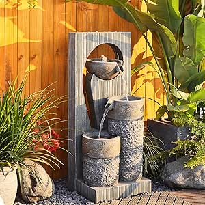 Outdoor water Fountain Garden Waterfall - Large Indoor Fountains Modern Freestanding water features with Lights and Pump for Patio, Yard, Deck, Porch, Pool, Gray, 3.42ft Tall