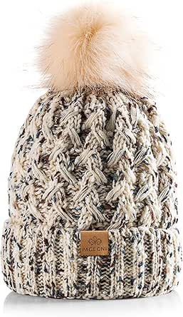 PAGE ONE Womens Winter Ribbed Beanie Crossed Cap Chunky Cable Knit Pompom Soft Warm Hat