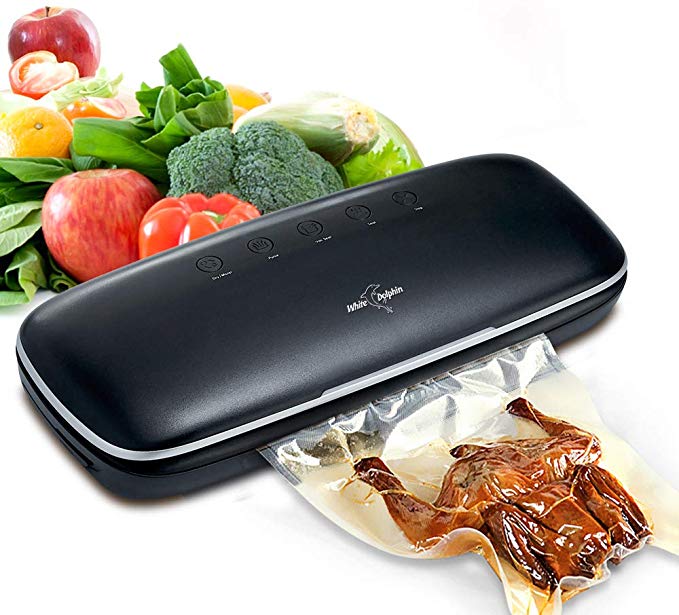 White Dolphin Vacuum Sealer Automatic Air Sealing System for Dry & Moist Food Modes Preservation Sous Vide with 10 pcs Food Storage Bags and Hose