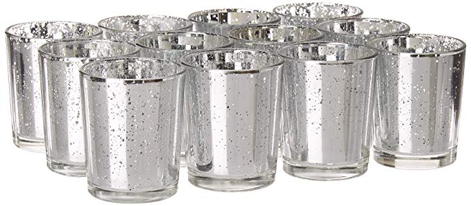 Candles4Less - Mercury Glass Votive Candle Holders, Perfect for Home decoration, events and weddings (12, Silver)