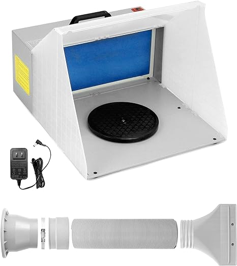 QWORK Airbrush Paint Spray Booth, Portable Hobby Airbrush Spray Booth with 3 LED Lights, Filter Hose, and Turn Table, for Painting Model Craft Hobby DIY, Art, Cake, Nails, T-Shirts & More.