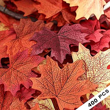 400 Assorted Mixed Fall Colored Artificial Maple Leaves for Weddings, Events and Decorating