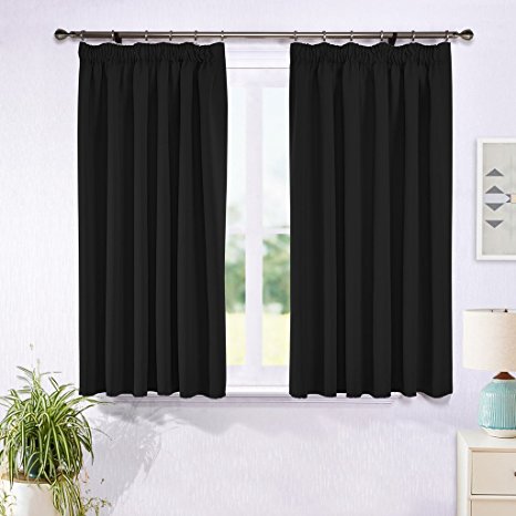Ponydance Plain Thermal Insulated Pencil Pleat Readymade Blackout Window Treatment Blind Curtains for Nursery, 66" x 54" (2 panels,Black)