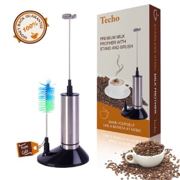 Best Stainless Steel Milk Frother Wand with Stand - Battery Powered Handheld Milk Foamer for Coffee
