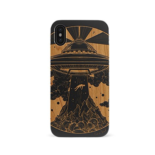 iPhone X Case, CaseYard Slim-Fit, Lightweight,, Crafted iPhone X Wood Case, Made in California (iPhone X) (Black) Alien Spaceship