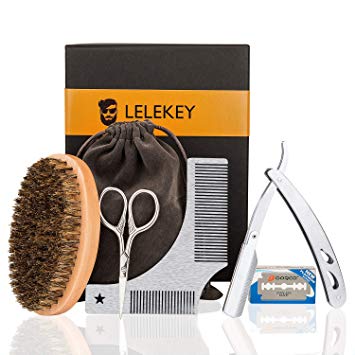 LELEKEY Beard Kit 4-in-1 Grooming Tool | Mustache & Beard Care Set for Men | Natural Boar Bristle Brush,Stainless Steel Shaping Template Comb,Trimming Scissors,Barber Straight Razor w/Blades,Gift Box