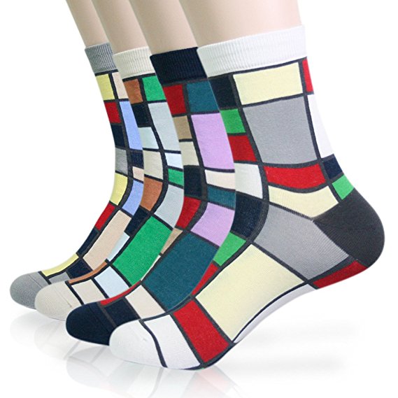 KONY Mens 4 Pack Luxury Colorful Pattern Design Cotton Crew Socks