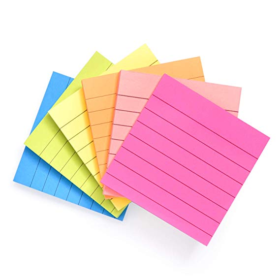 Sticky Notes with Lines 3 inch X 3 inch 6 Assorted Bright Color Lined Self-Stick Notes, 80 Sheet/Pad 6 Pads/Pack Easy Post Individual Package (Lined- Assorted Color)