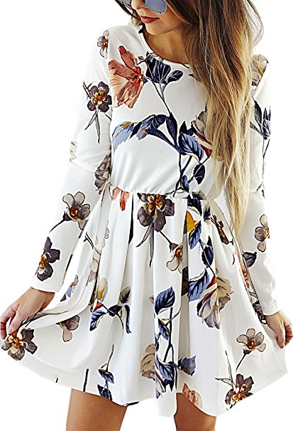 Angashion Womens Dresses Casual Floral Print Long Sleeve Swing Pleated Skater A Line Mini Dress