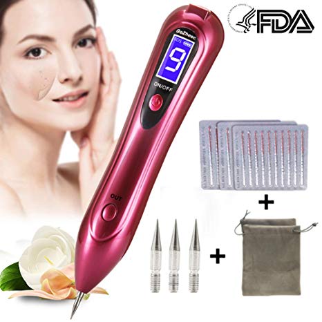 Skin Tags Removal，GoZheec Mole Removal Pen Protable Home & Professional 9 Strength Levels Beauty Pen for Body Facial Freckle Nevus Warts Age Spot Tattoo Remover-Rose Pink and Metallic Red (Metallic Red)