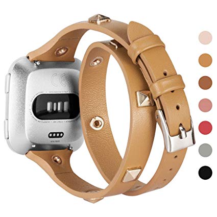 Wearlizer Leather Double Tour Band Compatible with Fitbit Versa/Versa 2 /Versa Lite/Versa SE Women Men,Slim Genuine Leather Rivet Watch Bands Compatible for Fitbit Versa