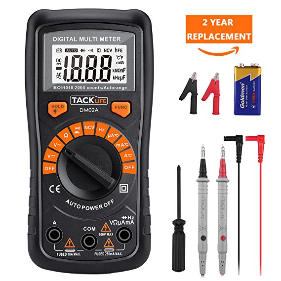 Multimeter Tacklife DM02S Auto-Ranging Digital Multimeters NCV Electrical Tester Multimeter Tester Volt Amp Ohm Diode, Continuity Test Meter LCD Backlight Measurement Tools with Screwdriver