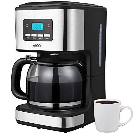 Aicok Programmable Coffee Maker 12 Cup, Coffee Maker K Cup Single K Cup Coffee Maker with Glass Carafe, Anti-Drip System, Programmable Clock/Timer, Permanent Filter, Black