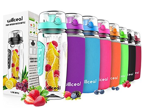 Fruit Infuser Water Bottle 32oz Willceal- Durable, Large - BPA Free Tritan, Flip Lid, Leak Proof Design - Sports, Camping