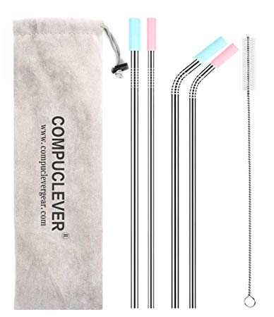 Reusable Straws Stainless Steel Drinking Straws Set of 4 FDA Approved for 30oz 20oz Tumbler 9’’ Diameter 0.24’’ 0.31’’ with 4 Silicone Tips Cleaning Brush and Pouch(2 bent 2 straight)(9‘’)