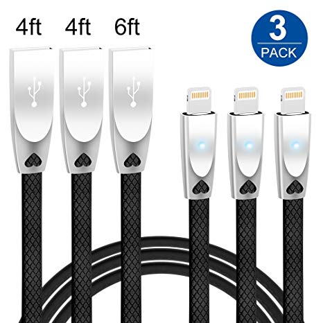 Lightning Cable iPhone Charging Cable 3Pack 4ft & 6ft iphone Charger Cable W/LED Light Fast Charge and Data Sync USB Power Cord for iPhone X 8 7 6S 6 Plus iPad Mini, iPad Pro Air, iPod Nano (Black)