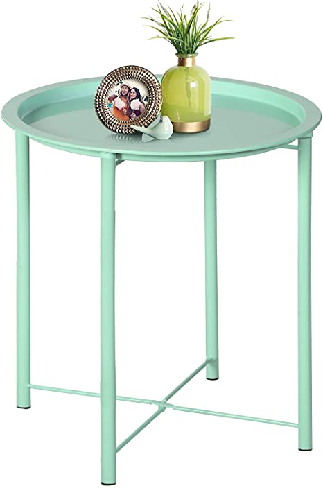 VECELO Side/End Table, Folding Round Metal Anti-Rust and Waterproof Outdoor or Indoor Tray for Living Room Bedroom Balcony and Office, 1 PCS, Light Green