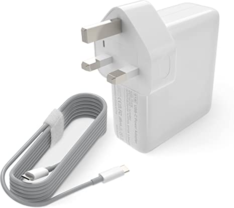 61W Apple Macbook pro USB C compatible fast charge power adapter by CLEAR. Replacement for macbook Pro 13 inch 2016 onwards, 2015 onwards, macbook air models 2018 onwards FUSED UK plug. UK Supplier
