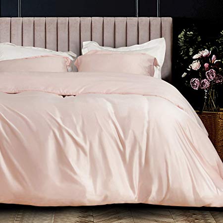 NTBAY 3 Pieces Satin Duvet Cover Set, Ultra Luxury and Soft with Hidden Zipper Design Comforter Cover Set, Queen Size, Pink