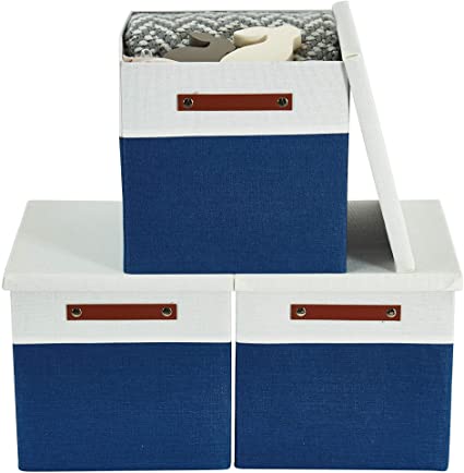 DECOMOMO Foldable Storage Bin | Collapsible Sturdy Cationic Fabric Storage Basket Cube W/Handles for Organizing Shelf Nursery Home Closet (Navy Blue & White, Cube with Lid - 13 x 13 x 13-3 Pack)