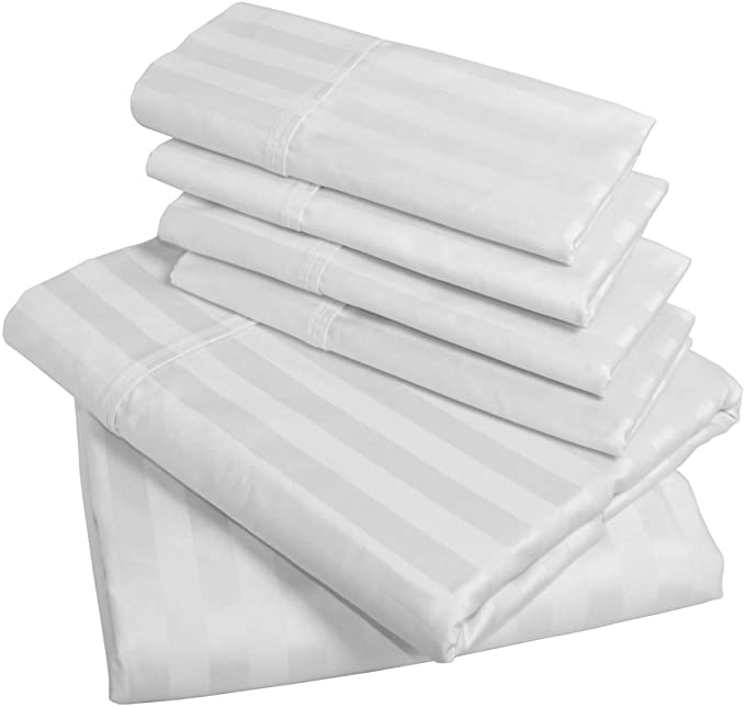 American Pillowcase 100% Egyptian Cotton Luxury Striped 540 Thread Count 6-Piece Sheet Set with Wrinkle Guard - California King, White